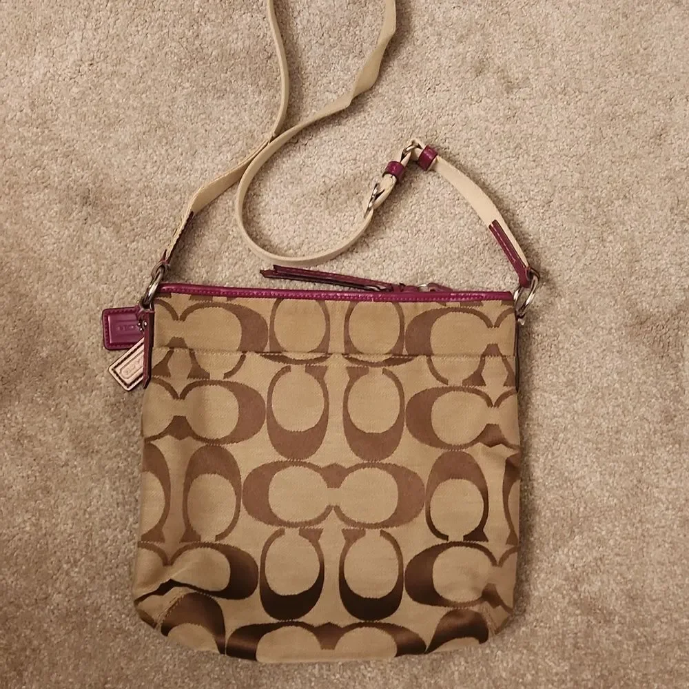 Coach Signature Stripe Crossbody Bag Fuschia Purple & Brown